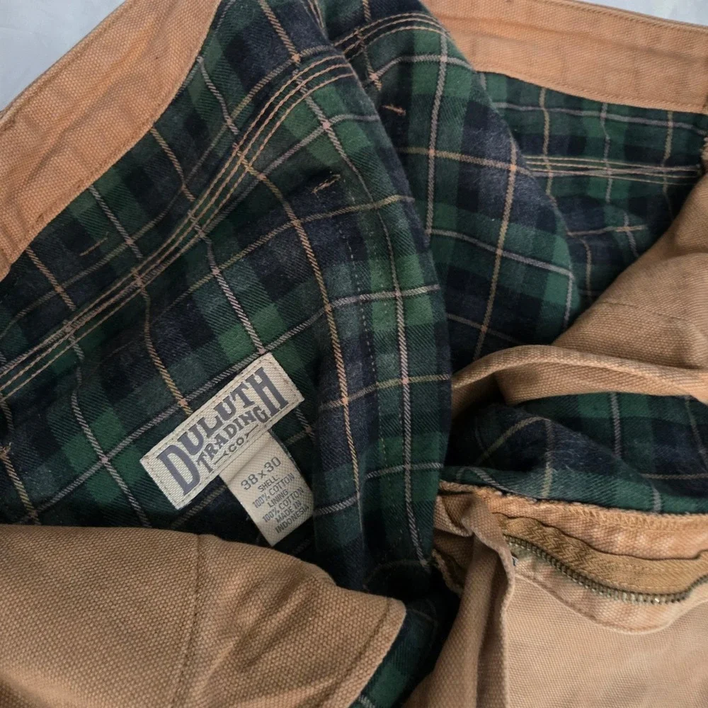 Duluth Trading Co Fire Hose Flannel Lined Work Pants 38x30 Brown Canvas Plaid